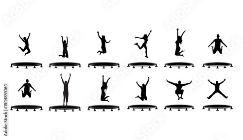 A series of black silhouettes of people jumping on trampolines in various poses