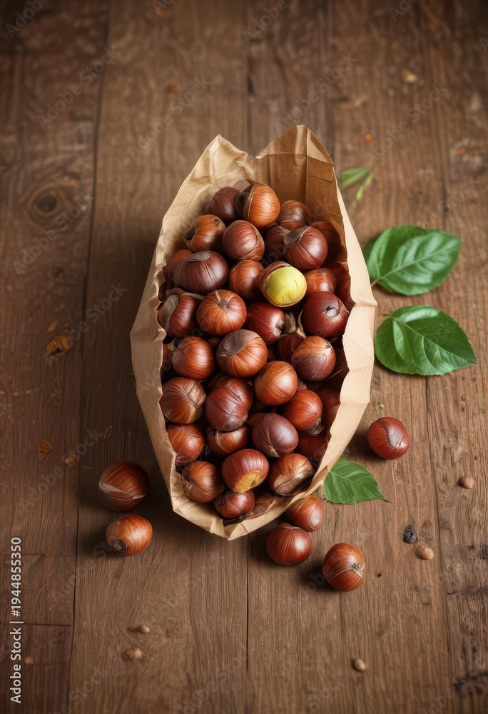 Fototapeta premium Aromatic chestnuts in a paper cone on a wooden table , food, warm, cones