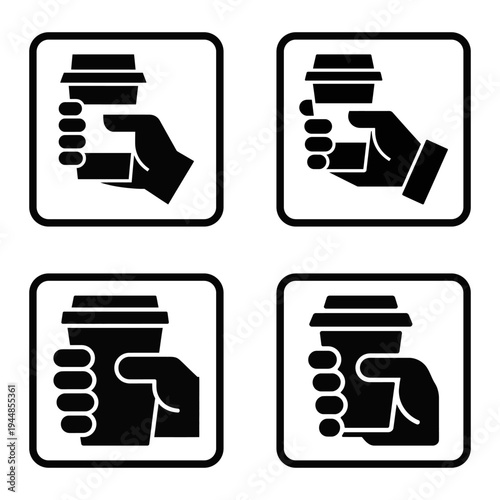 Hand Holding Takeaway Disposable Paper Coffee Cup Icon Set, Minimalist Vector Silhouette Modern Flat Icon for Cafe and Branding
