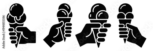 Hand Holding Ice Cream Cone Icon Set Summer Dessert Waffle Cone and Hand Vector Graphics