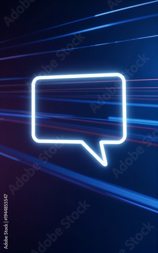 Neon speech bubble glows against dynamic blue radial background