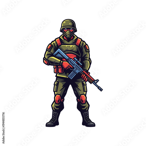 Soldier wearing green military uniform gear.