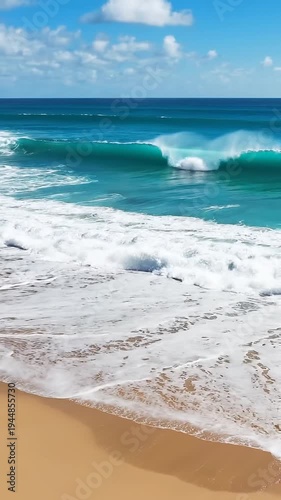 Waves crashing on sandy beach shore.