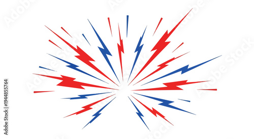 Dynamic red and blue lightning bolt burst illustration, symbolizing energy, power, celebration, and patriotic spirit for various design projects.