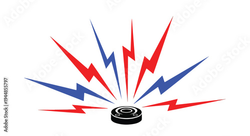 Dynamic ice hockey puck with radiating red and blue lightning bolts, symbolizing powerful energy, speed, and explosive impact in sports.