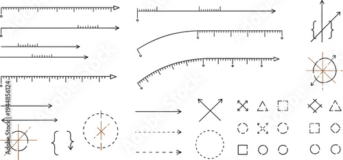 Technical vector illustration set featuring geometric measurement tools rulers arrows and drafting symbols for engineering and mathematical design isolated on white background.