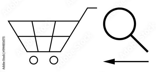 Online shopping concept. Minimalistic shopping cart, search magnifier, and arrow icons browsing, selecting, and navigating e-commerce. For retail, business, and digital commerce designs