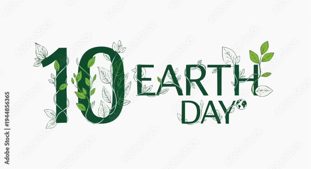 Fototapeta premium A vector graphic illustration of the text '10 Earth Day' with leaves and vines