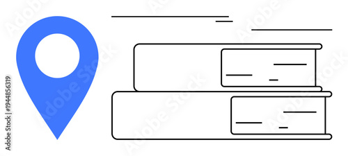 Blue location pin next to two stacked books, representing learning, navigation, and discovery. Ideal for education, libraries, research, travel, geolocation online learning and guidance concepts