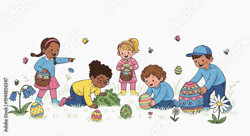 A colorful illustration of children celebrating Easter in a field of flowers