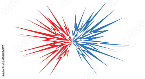 Abstract explosion of red and blue lightning bolts clashing in the center, representing conflict or energy