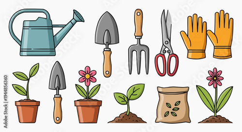 A colorful vector illustration of gardening tools and plants for outdoor activities