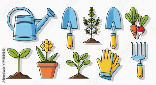 A colorful vector graphic illustration of gardening tools and plants