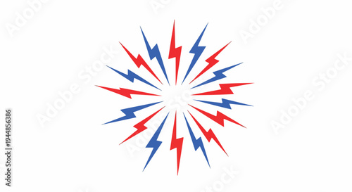 Dynamic red and blue lightning bolt burst vector illustration representing energy, power, electricity, and speed in a radial pattern on a white background.