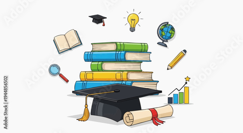 A colorful illustration of education symbols including books and a graduation cap