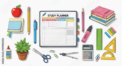 A colorful vector illustration of a study planner and school supplies