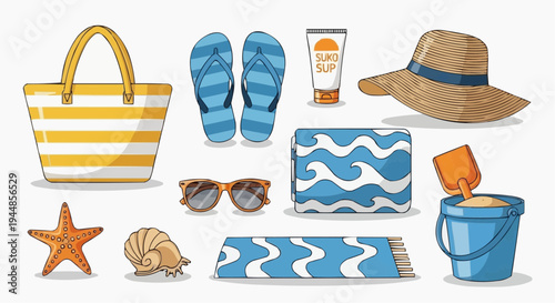 A colorful vector illustration of beach essentials and summer accessories