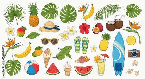 A colorful vector illustration of various summer icons and objects