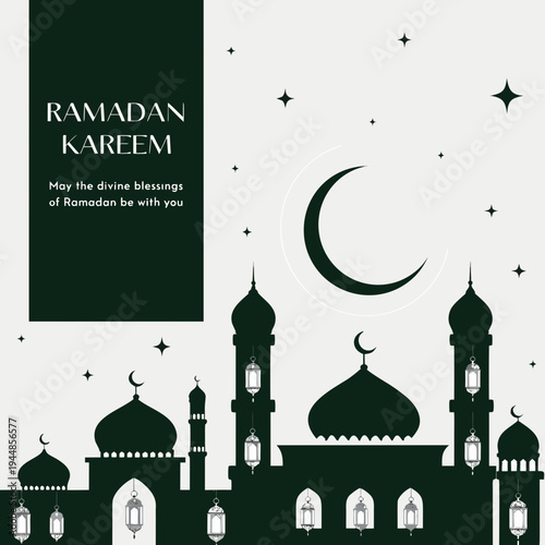 Ramadan kareem greeting card with mosque silhouette and crescent moon at night