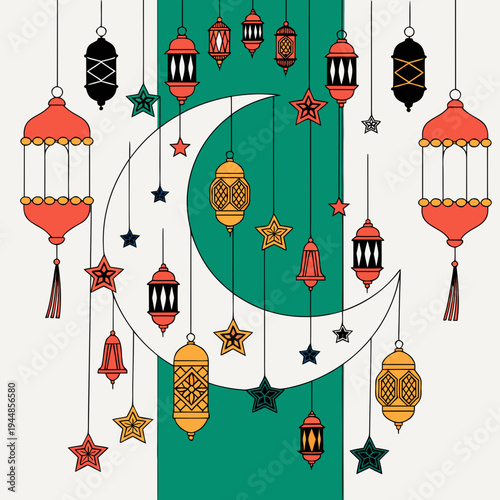 Ramadan kareem decorations with hanging lanterns and stars around a crescent moon on a green background festive islamic holiday symbol