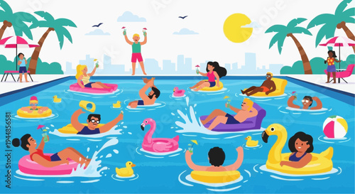 A vibrant illustration of people enjoying a fun day at the pool with colorful floats