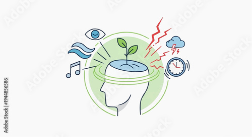 A vector graphic illustration of a human head with a plant growing out of it surrounded by various symbols