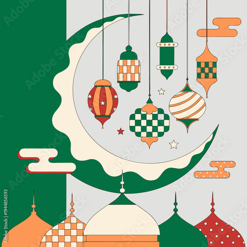 Vibrant islamic lanterns hang from crescent moon with mosques below symbolizing ramadan or eid celebrations with colorful decorations and festive atmosphere