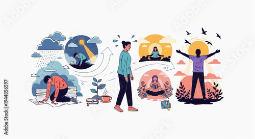 A vibrant illustration of a person's journey to mental wellness and self-improvement