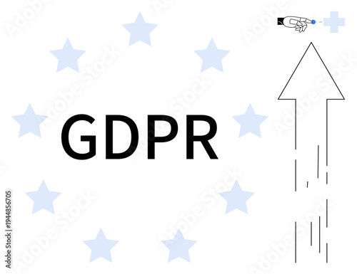 Data security, privacy regulations, European Union, digital compliance, information security, growth potential. GDPR text with stars and arrow pointing to a digital symbol. Data security and privacy