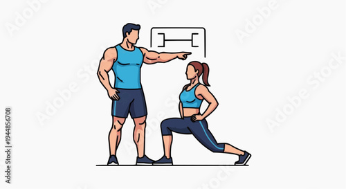 A fitness instructor guiding a woman through a lunge exercise in a gym