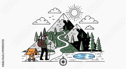 A hiker stands in front of a mountain range with a tent and campfire