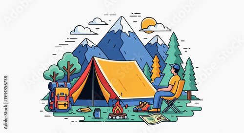 A colorful illustration of a person camping in a serene mountain landscape