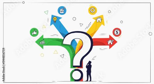 A man in a thoughtful pose stands before a large question mark with colorful arrows pointing in different directions