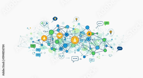 A vibrant vector graphic illustrating a complex network of interconnected icons and symbols