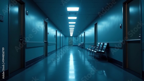 Long dark hospital corridor with rooms and seats 3D rendering. Empty accident and emergency interior with bright lights lighting the hall from the ceiling