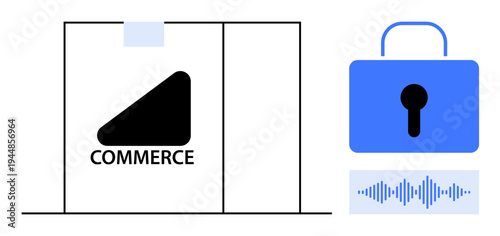 E-commerce security. E-commerce visuals with lock, sound wave, and store icon secure transactions. E-commerce protects online shopping and digital transactions. For retail, fintech, cybersecurity