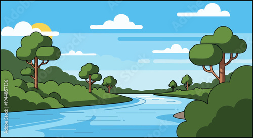 Vector landscape illustration of a clean river flowing through a green forest.