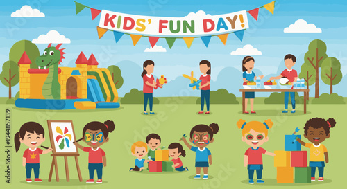 Happy children at an outdoor fun day festival with games, painting, and a bouncy castle.