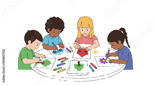 Diverse group of children drawing together at a round table. Boys and girls coloring pictures with crayons, showing teamwork and creativity.