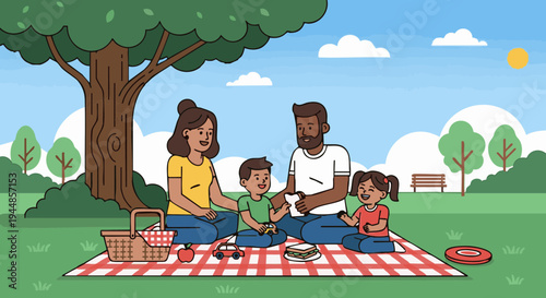 Happy family with children having a picnic in a sunny park. Vector illustration.