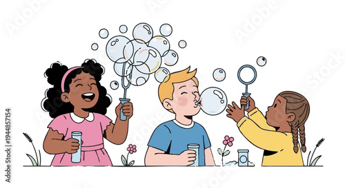 Happy diverse children blowing soap bubbles together outdoors. Vector illustration of friends playing in a park.