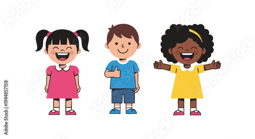 Diverse group of happy cartoon children standing together. Boy gives thumbs up, girls are laughing.