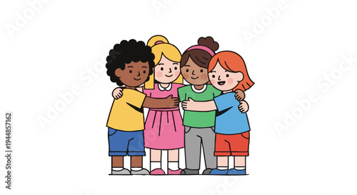 A diverse group of happy children hugging, showing friendship and unity. Multiethnic kids vector illustration.