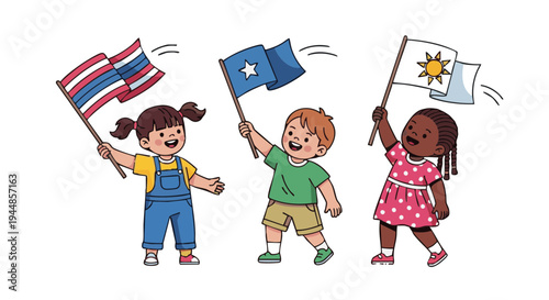 Happy multiethnic kids waving national flags. Vector illustration of diversity and friendship.