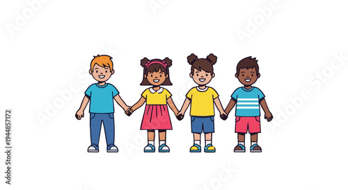 Diverse group of happy cartoon children holding hands together