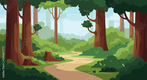 Vector illustration of a tranquil forest path with tall trees and green foliage