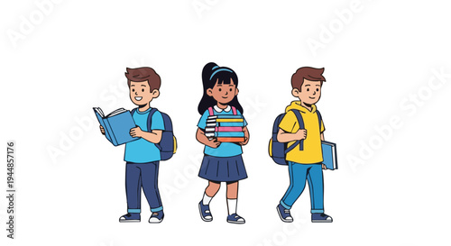 Group of diverse schoolchildren with backpacks and books. Cartoon vector illustration.