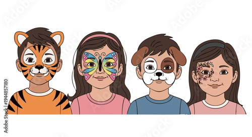 Diverse group of children with colorful tiger, butterfly, dog, and floral face paint.