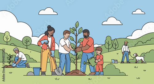 Diverse community of volunteers planting trees together in a park.