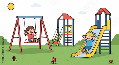 Cartoon children playing on a slide and swing set in a park playground on a sunny day